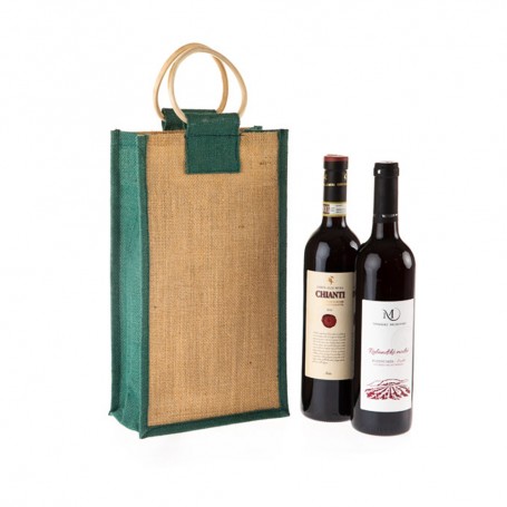 Jutová taška na víno JT25 - na dvě láhve se zeleným lemováním - 40x20x13 cm