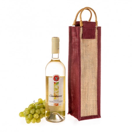 Jutová taška na víno natural JT26  s vínovým lemováním - 11 x 35 x 11 cm