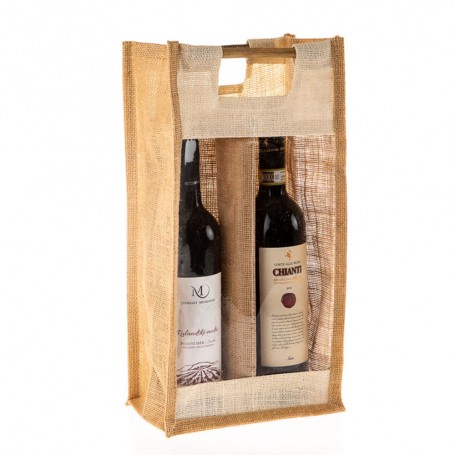 Jutová taška na víno JT29 - na dvě láhve s průhledem - 40x20x13 cm